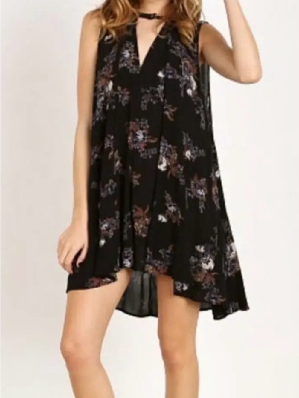 Free People Black Floral V-Neck Swing Dress with Subtle Multicolor Print